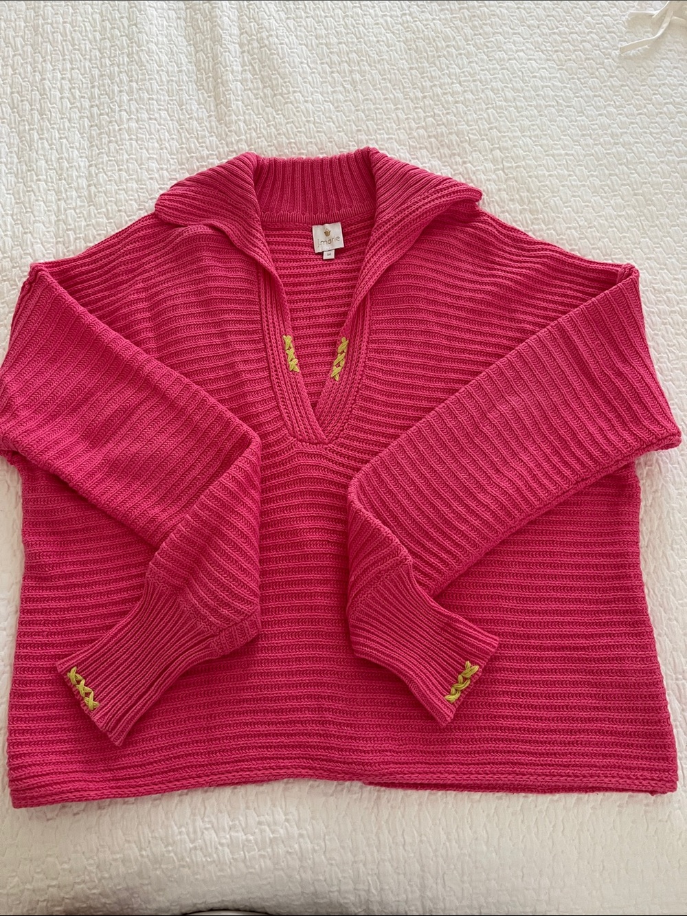 Bright Pink Ribbed V-Neck Sweater with Collar and Button Accents